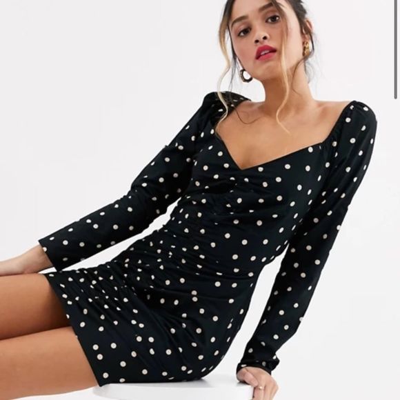 Asos black polka dot boho ruched dress long sleeve 4 s - Picture 5 of 8